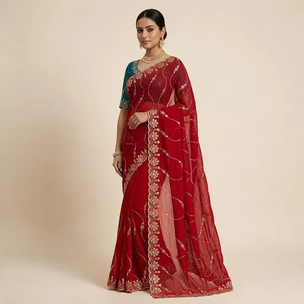 Red_&_Turquoise_Fandy_Satin_Silk_Saree_For_Women