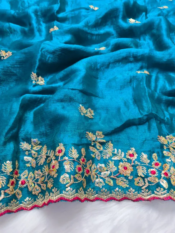 Teal_Blue_Fandy_Satin_Silk_Saree_For_Women