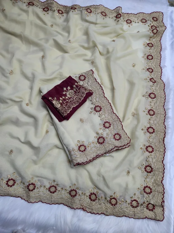 Cream_&_Maroon_Star_Georgette_Saree_For_Women