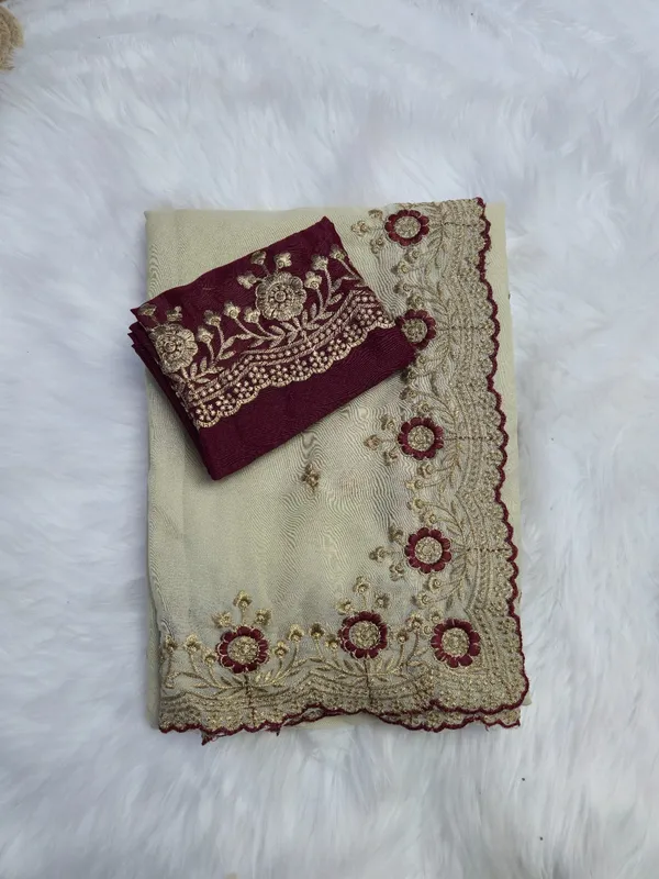 Cream_&_Maroon_Star_Georgette_Saree_For_Women