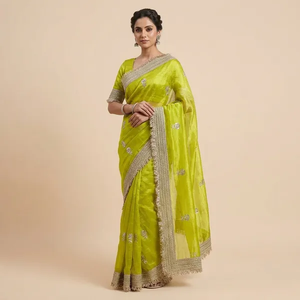 Lime_Green_Fandy_Satin_Silk_Saree_For_Women