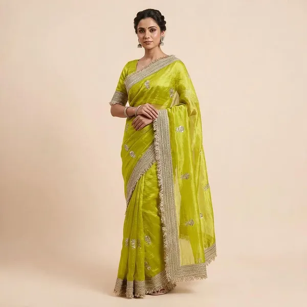 Lime_Green_Fandy_Satin_Silk_Saree_For_Women
