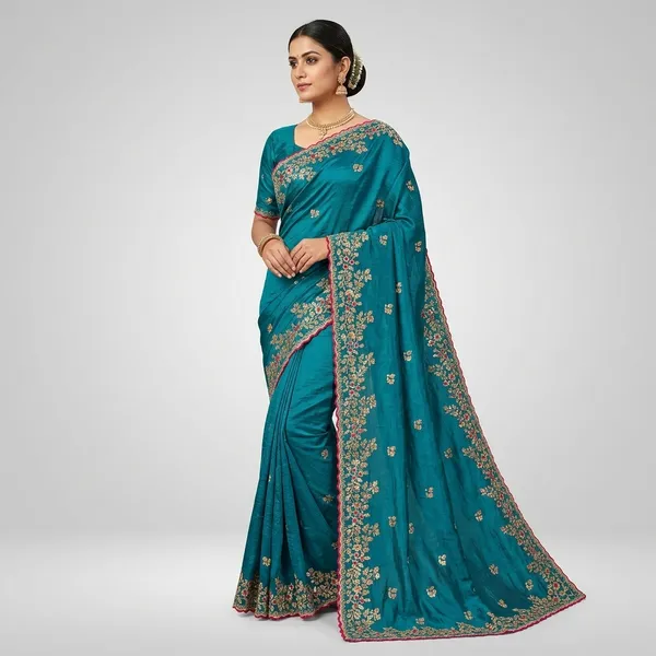 Teal_Blue_Fandy_Satin_Silk_Saree_For_Women