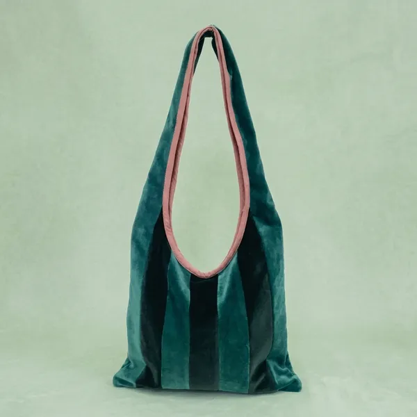 Green_Black_Velvet_Striped_Shoulder_Bag_For_Adults