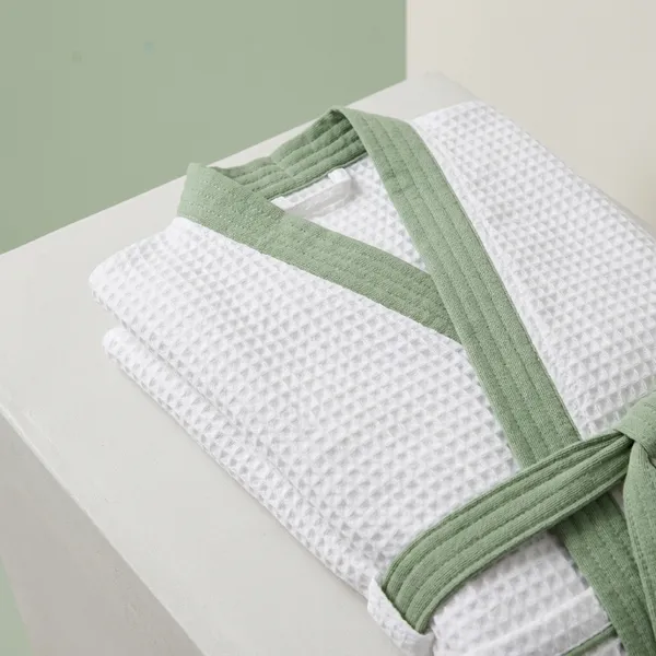 White_Green_Waffle_Cotton_Wrap_Bathrobe_For_Kids