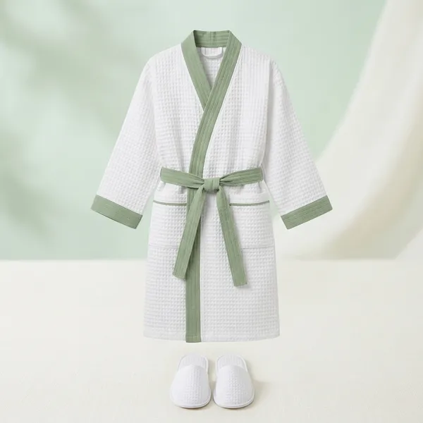 White_Green_Waffle_Cotton_Wrap_Bathrobe_For_Kids