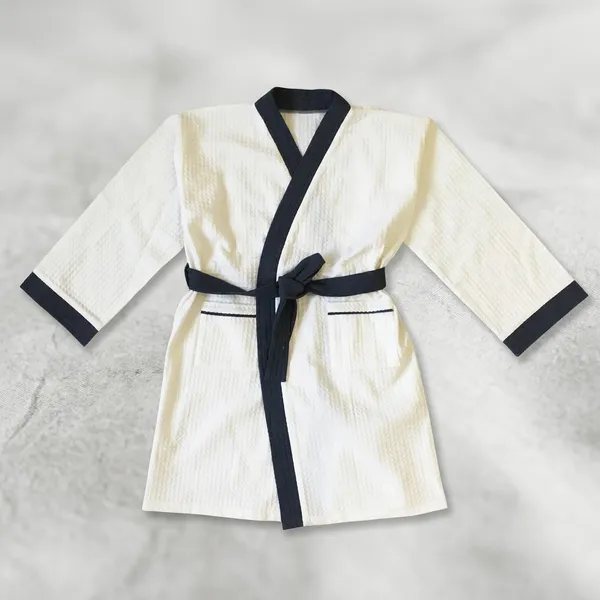 White_Black_Waffle_Cotton_Kimono_Bathrobe_For_Kids