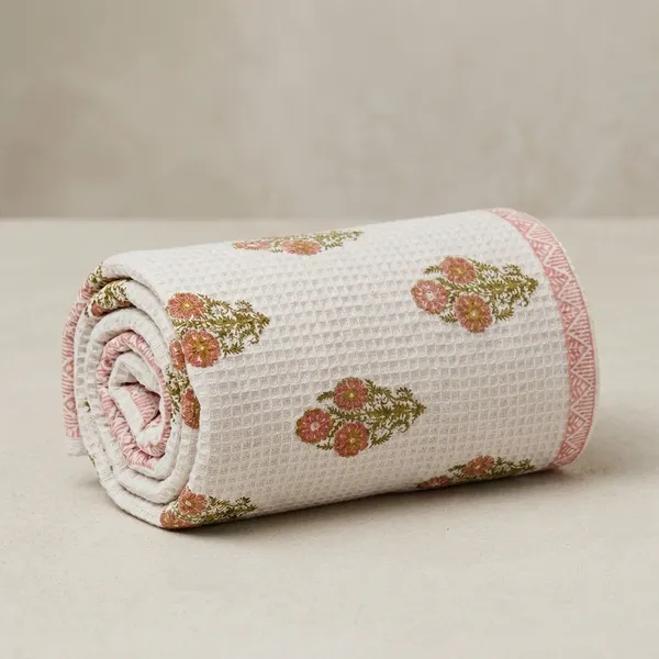 Cream_Waffle_Cotton_Floral_Block_Print_Bath_Towel