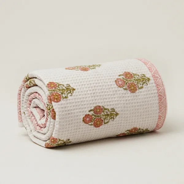 Cream_Waffle_Cotton_Floral_Block_Print_Bath_Towel