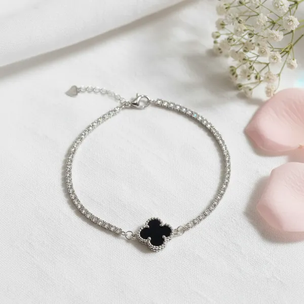 Silver_Black_925_Sterling_Clover_Tennis_Bracelet_For_Women
