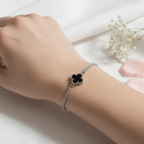 Silver_Black_925_Sterling_Clover_Tennis_Bracelet_For_Women