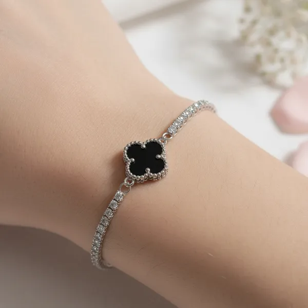 Silver_Black_925_Sterling_Clover_Tennis_Bracelet_For_Women