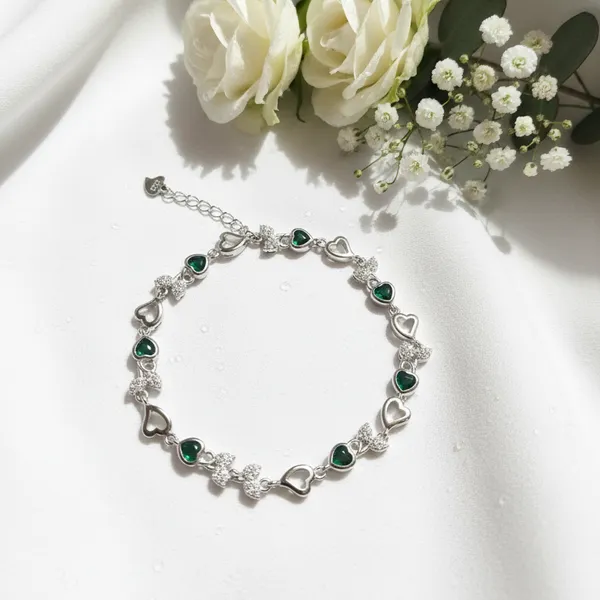 Silver_Green_925_Sterling_Emerald_Bow_Hearts_Bracelet_For_Women