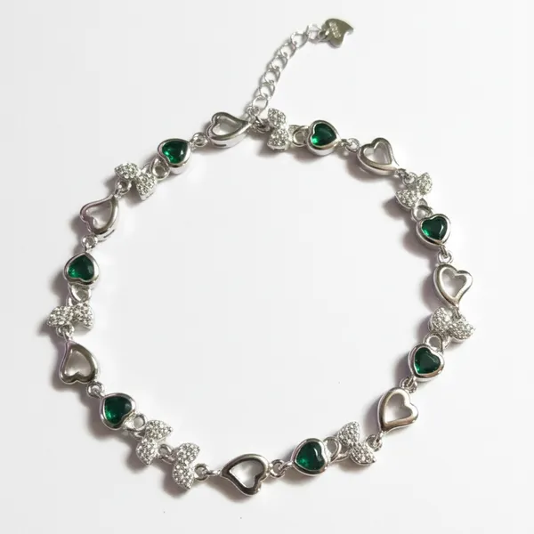 Silver_Green_925_Sterling_Emerald_Bow_Hearts_Bracelet_For_Women