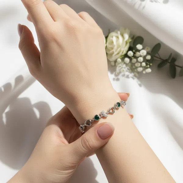 Silver_Green_925_Sterling_Emerald_Bow_Hearts_Bracelet_For_Women