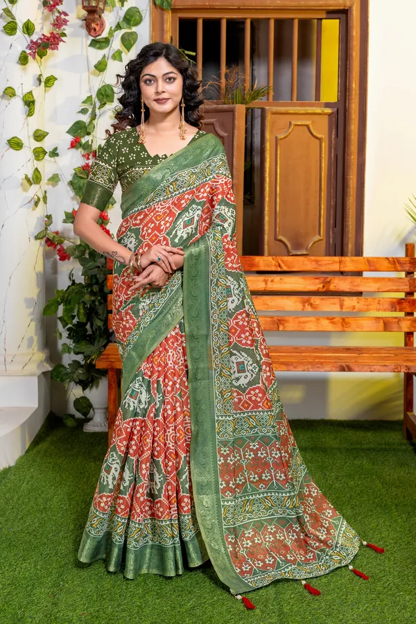 Green_And_Orange_Patola_Print_Saree_For_Women_Patola_Style_High_Quality_Digital_Print_With_Jari_Weaving_On_Full_Saree_For_Women