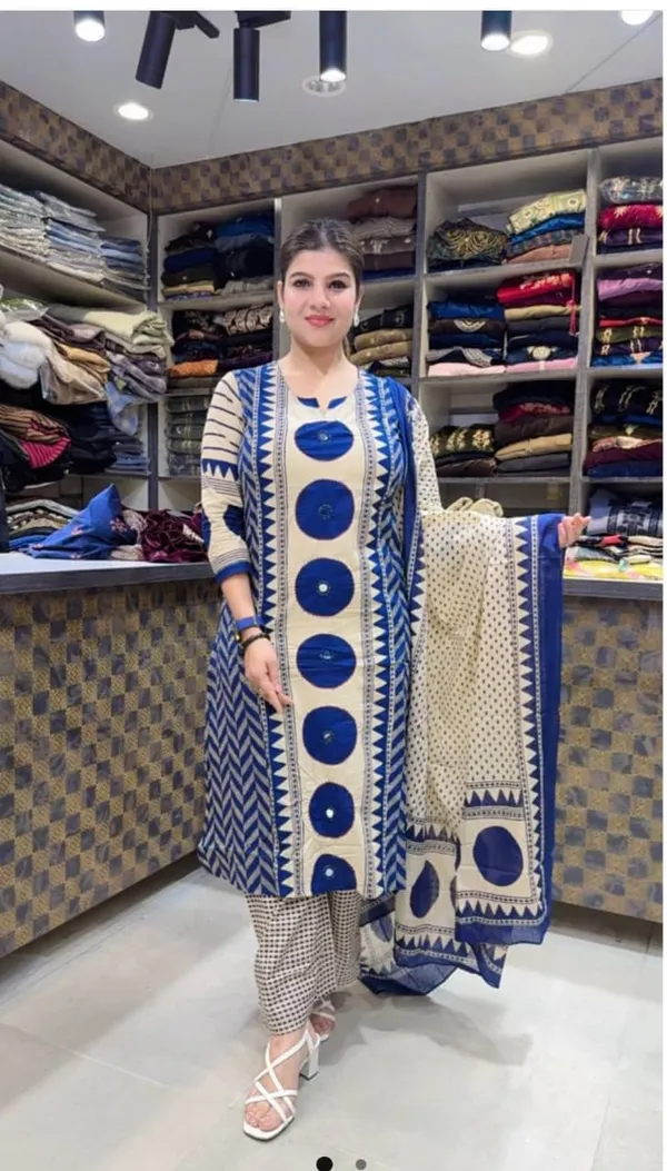 Blue_And_Beige_Printed_Kurta_Set_for_Women