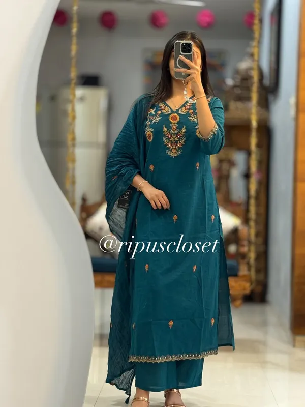 Teal_Cotton_Embroidered_Straight_Kurta_Set_for_Women