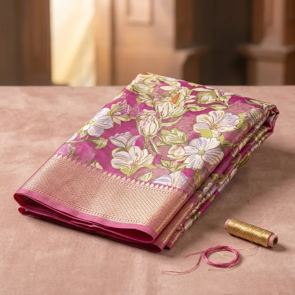 Pink_Floral_Banarasi_Silk_Saree_With_Woven_Border