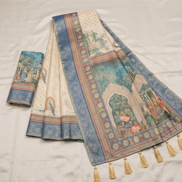 Cream_Banarasi_Silk_Saree_With_Blue_Border_For_Women