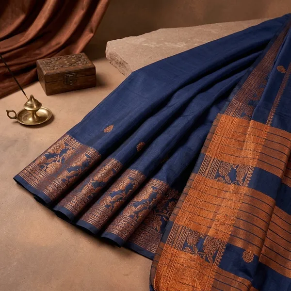 Blue_Cotton_Silk_Woven_Saree_With_Orange_Border_For_Women