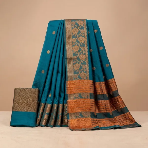 Teal_Blue_Silk_Woven_Saree_With_Golden_Border_For_Women