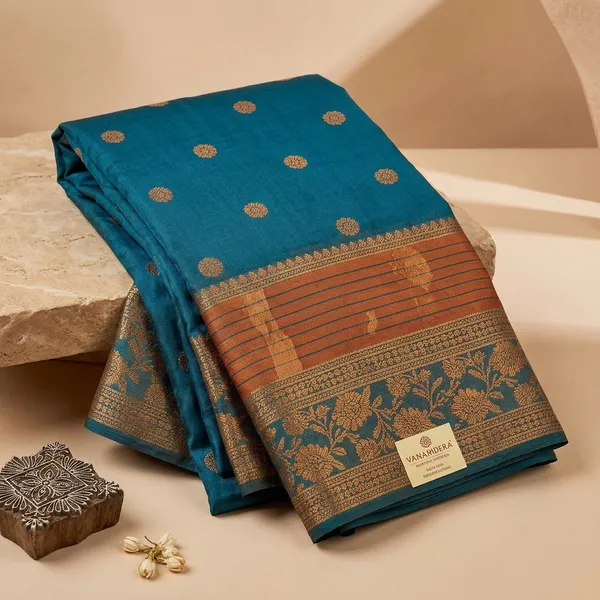 Teal_Blue_Silk_Woven_Saree_With_Golden_Border_For_Women