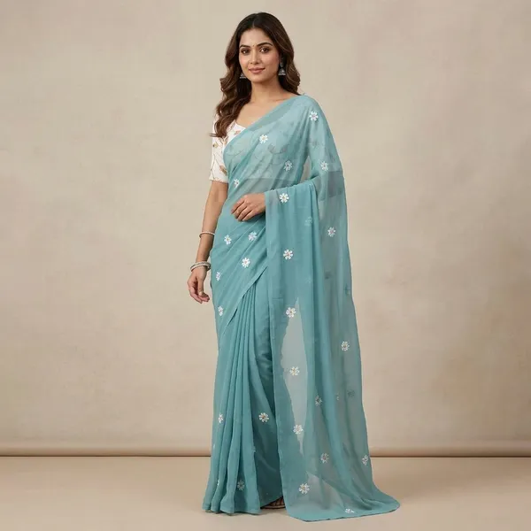 Light_Blue_Floral_Embroidered_Saree_With_White_Blouse_Piece