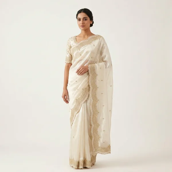 White_Polka_Dot_Saree_With_Floral_Embroidered_Blouse_For_Women