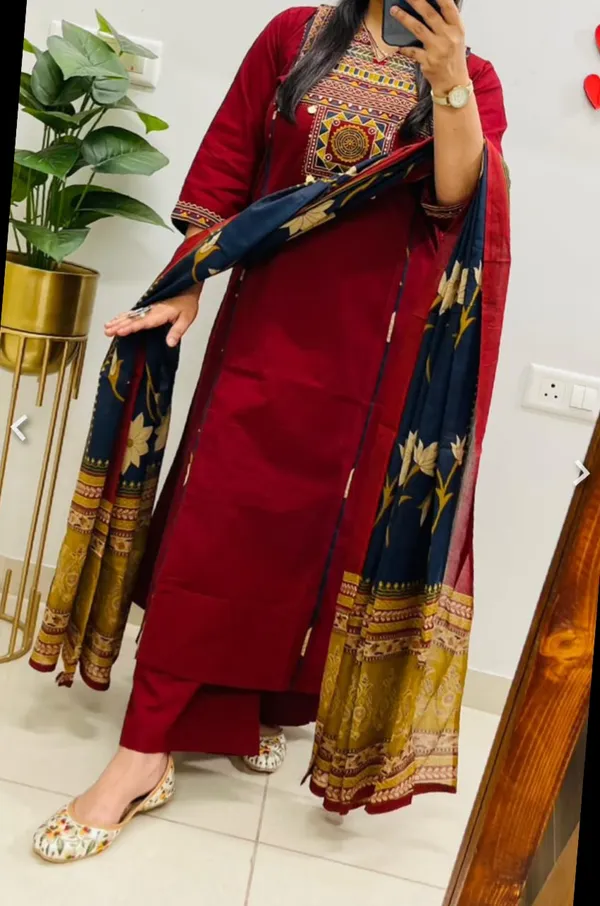 Maroon_Cotton_Embroidered_Kurta_Palazzo_Set_with_Blue_Dupatta_for_Women