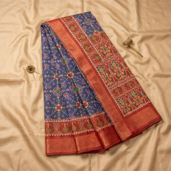 Blue_Orange_Patola_Print_Silk_Patola_Style_High_Quality_Digital_Print_With_Jari_Weaving_On_Full_Saree_For_Women