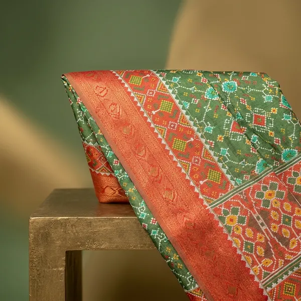 Green_Patola_Silk_Saree_With_Orange_Border_Patola_Style_High_Quality_Digital_Print_With_Jari_Weaving_On_Full_Saree_For_Women