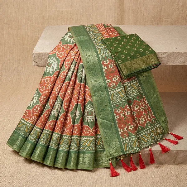 Green_And_Orange_Patola_Print_Saree_For_Women_Patola_Style_High_Quality_Digital_Print_With_Jari_Weaving_On_Full_Saree_For_Women