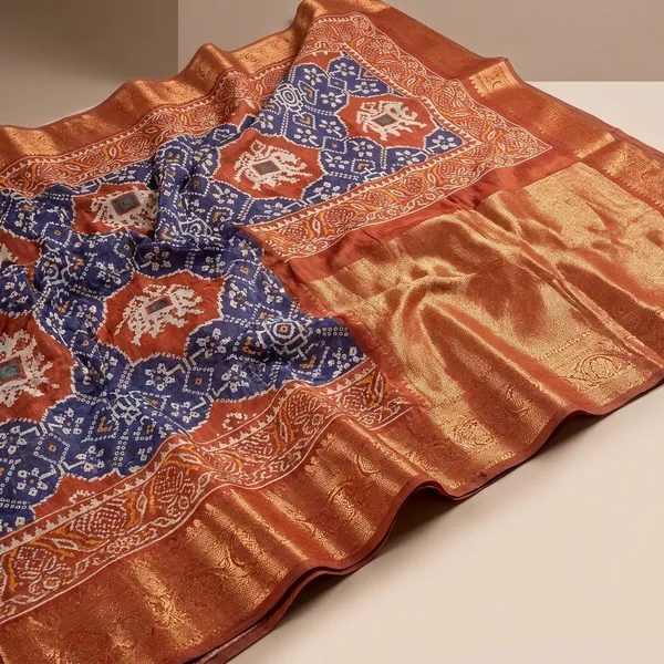 Blue_Orange_Bandhani_Print_Art_Silk_Patola_Style_High_Quality_Digital_Print_With_Jari_Weaving_On_Full_Saree_For_Women