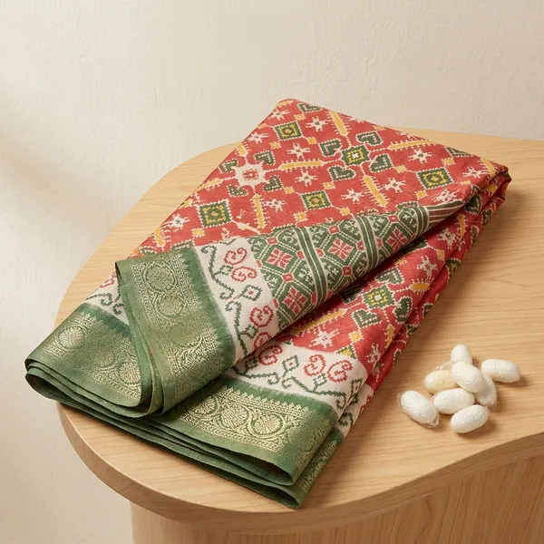 Red_And_Green_Printed_Silk_Saree_With_Zari_Border_Patola_Style_High_Quality_Digital_Print_With_Jari_Weaving_On_Full_Saree_For_Women