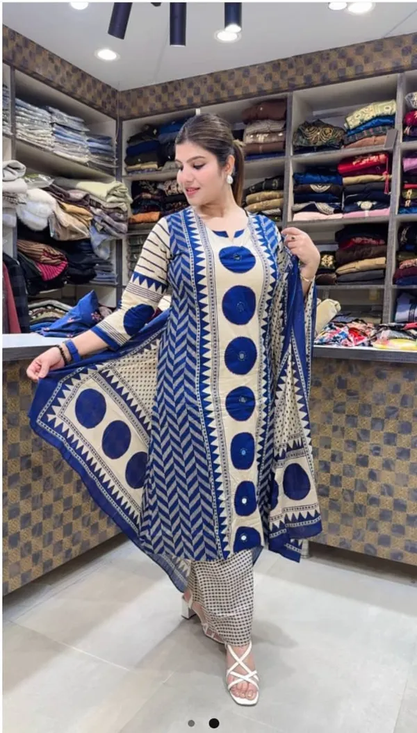 Blue_And_Beige_Printed_Kurta_Set_for_Women