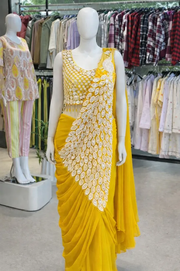 Yellow_Georgette_Embroidered_Mirror_Work_Ready_to_Wear_Saree_Gown