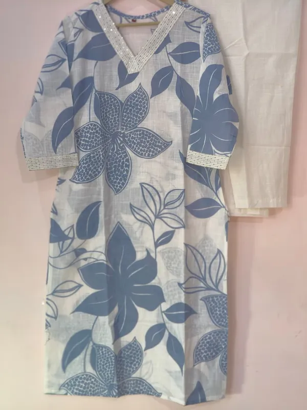 White_Cotton_Blue_Floral_Print_A-Line_Kurta_for_Women
