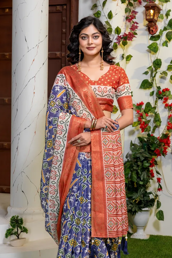Blue_Patola_Print_Banarasi_Silk_Saree_For_Women_Patola_Style_High_Quality_Digital_Print_With_Jari_Weaving_On_Full_Saree_For_Women