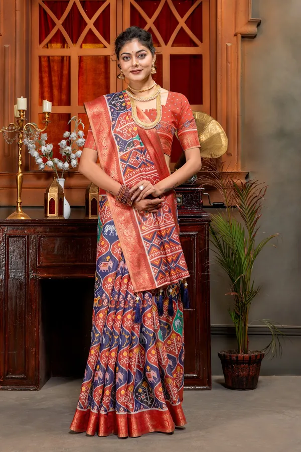 Navy_Blue_Patola_Silk_Lehenga_Choli_Set_For_Women_Patola_Style_High_Quality_Digital_Print_With_Jari_Weaving_On_Full_Saree_For_Women