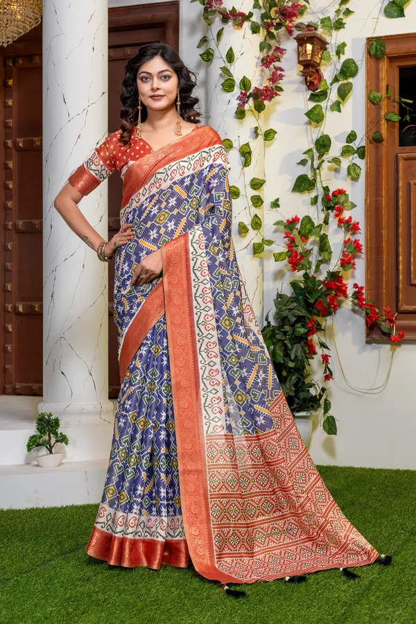 Blue_Patola_Print_Banarasi_Silk_Saree_For_Women_Patola_Style_High_Quality_Digital_Print_With_Jari_Weaving_On_Full_Saree_For_Women