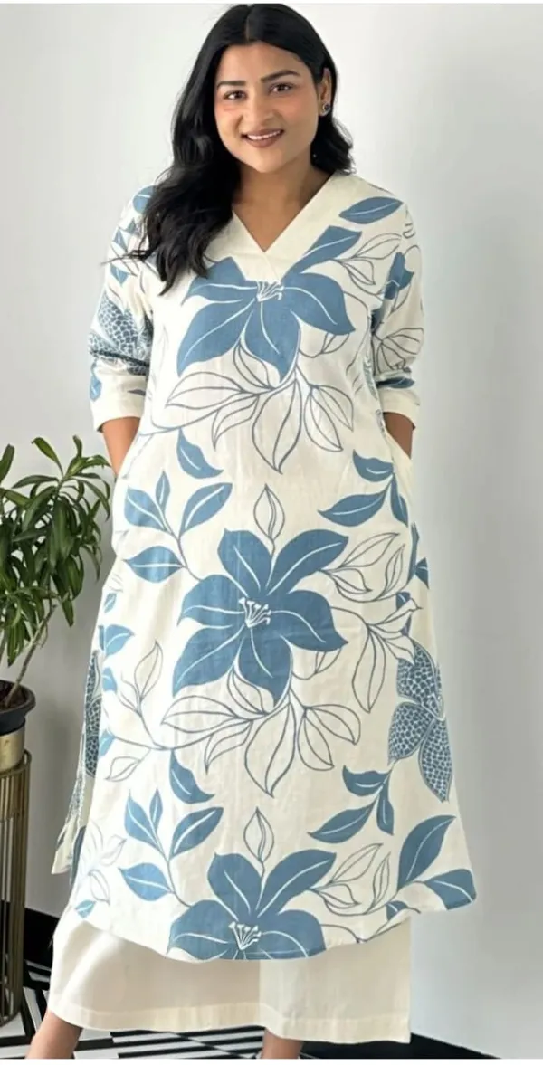 White_Cotton_Blue_Floral_Print_A-Line_Kurta_for_Women