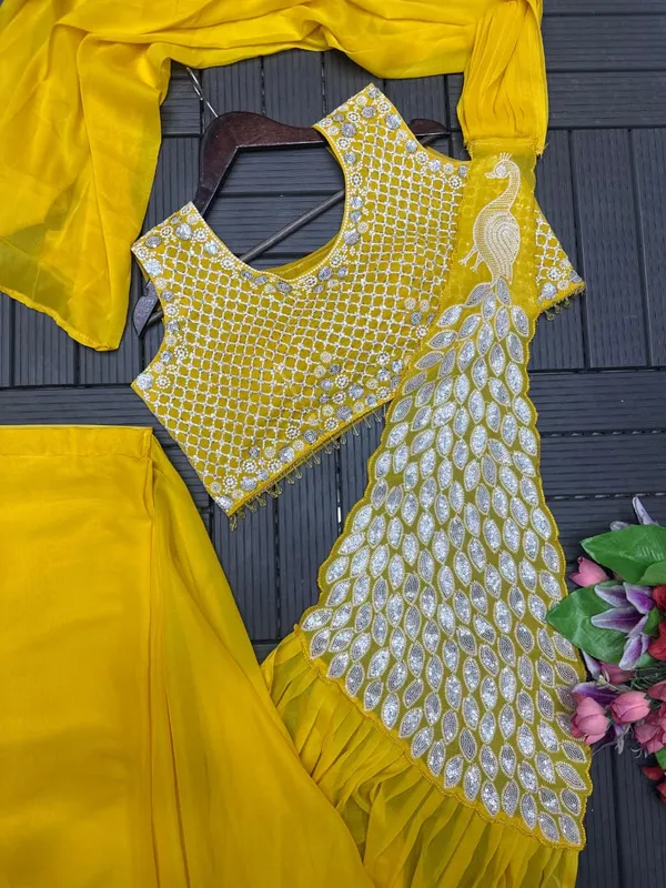 Yellow_Georgette_Embroidered_Mirror_Work_Ready_to_Wear_Saree_Gown