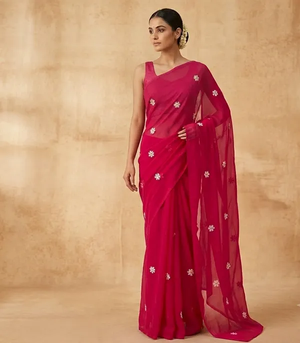 Pink_Embroidered_Saree_With_Cream_Floral_Blouse_Piece
