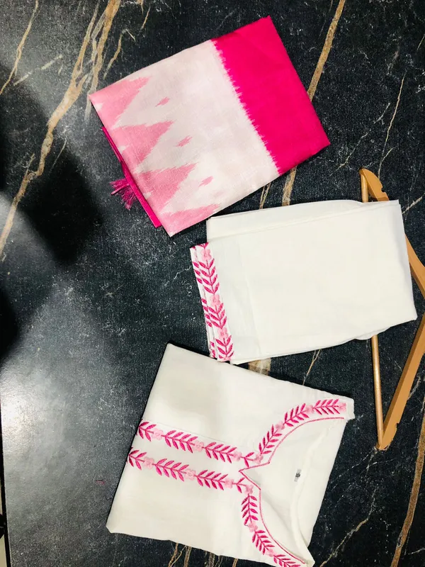 White_Cotton_Embroidered_Unstitched_Suit_with_Pink_Ikat_Dupatta
