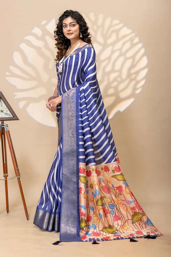 Blue_Leheriya_Striped_Silk_Saree_With_Floral_Paithani_Border_High_Quality_Digital_Print_Bird_Motif_Pattern