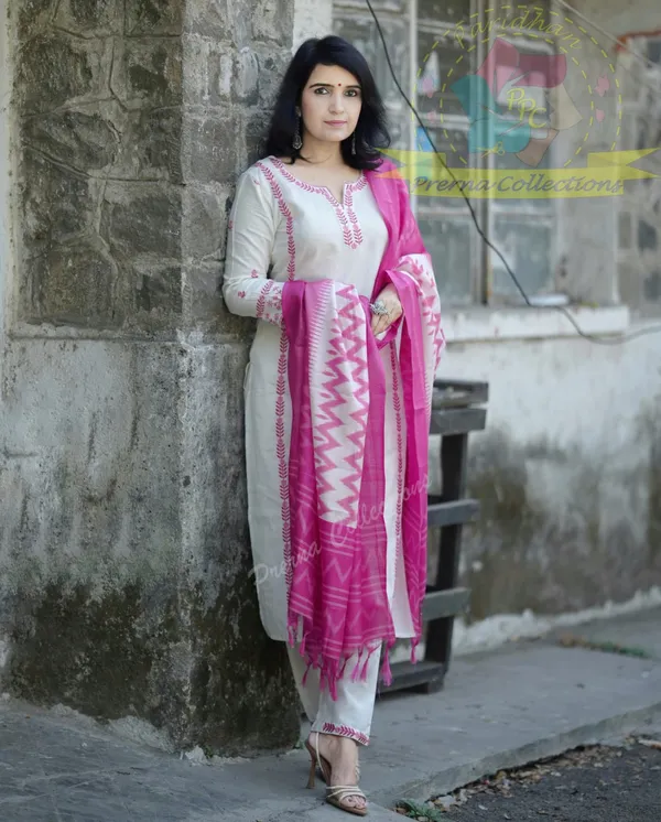 White_Cotton_Embroidered_Unstitched_Suit_with_Pink_Ikat_Dupatta