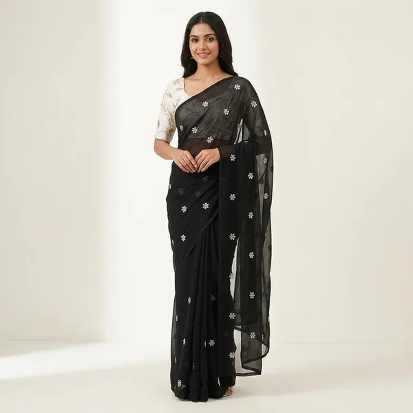 Black_Georgette_Floral_Embroidered_Saree_With_White_Blouse_For_Women