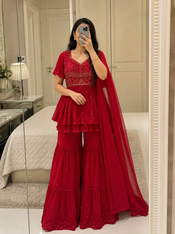 Red_Georgette_Embroidered_Sharara_Suit_for_Women