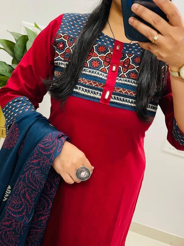 Red_Cotton_Printed_Yoke_Kurta_Pant_Set_with_Blue_Dupatta_for_Women